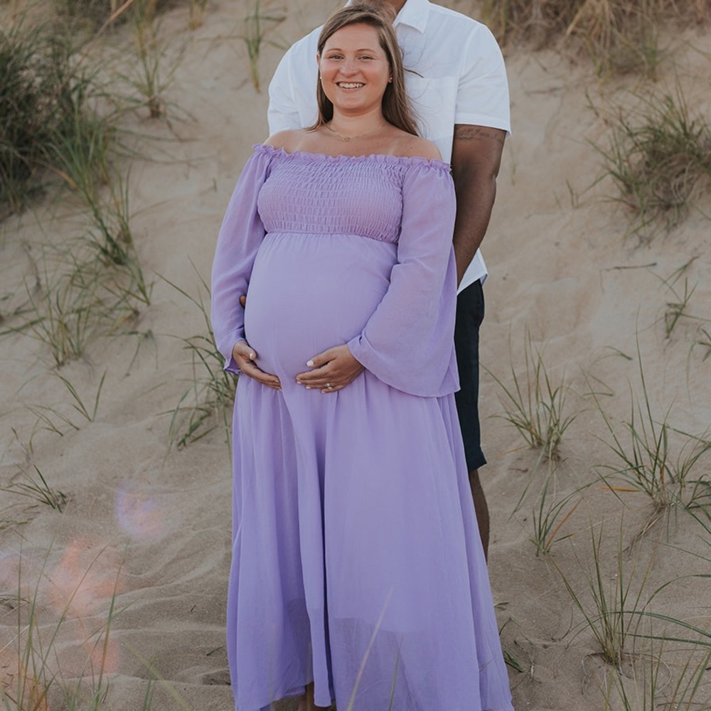 Purple Off-the-Shoulder Bell Sleeve Maternity Maxi Dress